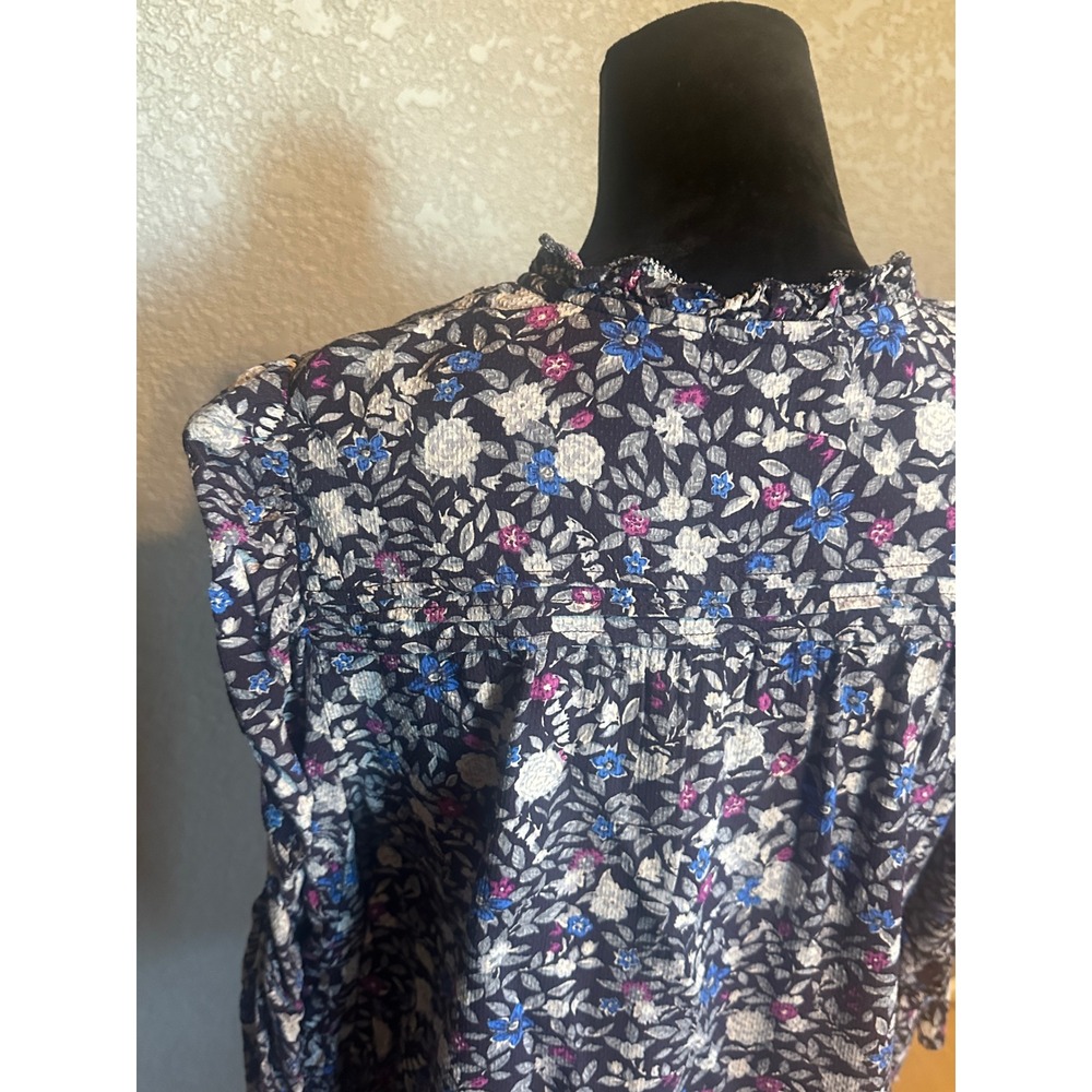 Democracy Womens Floral V-Neck Ruffle Blouse Blue 3/4 Sleeve Top L Cottagecore - Picture 7 of 16